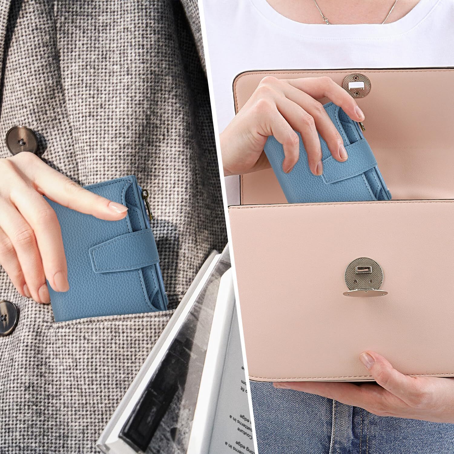 Airkit Leather Small Women's Double Fold Compact RFID Shielded Credit Card Clip, Girls' Mini Travel Pocket Passport Wallet, Comes with 4 ID 
