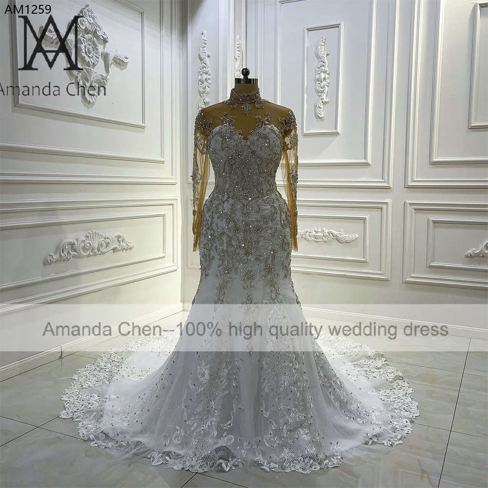 High Neck Lace Appliques Full Sleeves Wedding Dress
