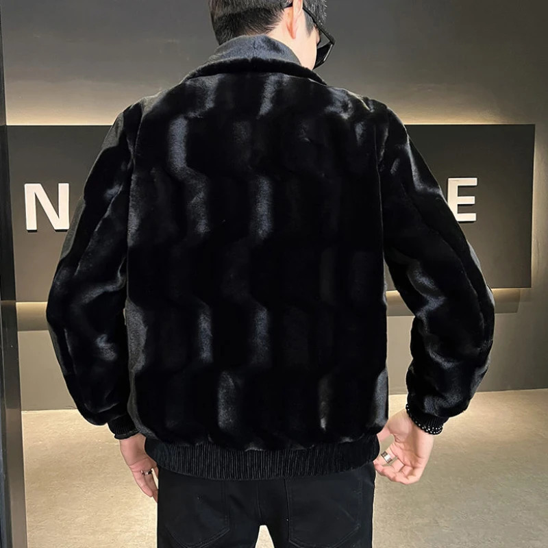 Winter mens high-quality faux fur coat mens mink ultra-thin V-neck fashionable coat casual plus size solid color warm coat 241028