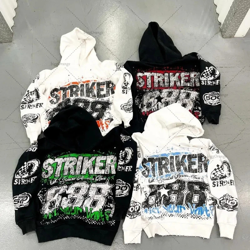 Black letter 888 printed pullover hoodie American retro street style for men and women fashion trendy loose hiphop sweatshirt 241028
