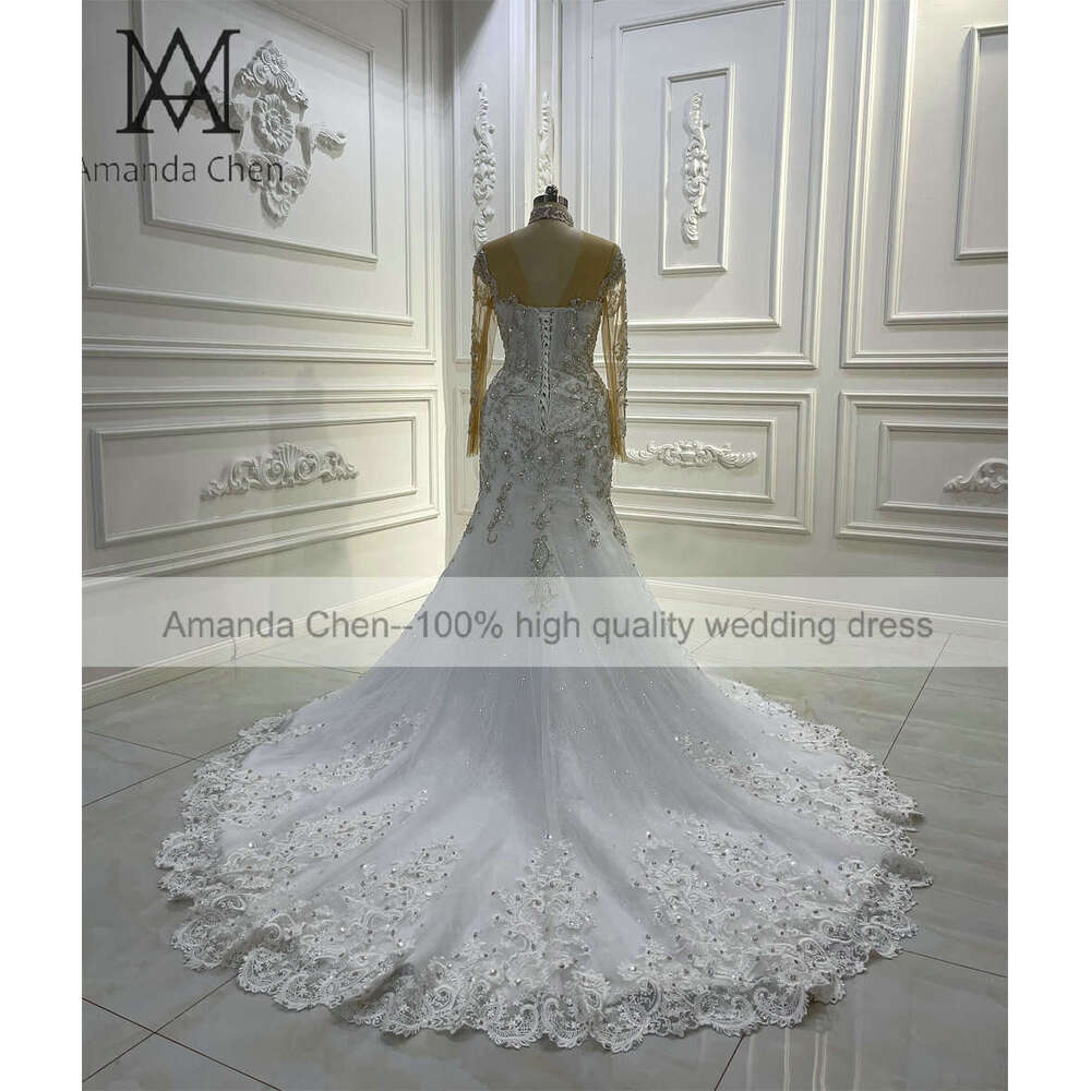 High Neck Lace Appliques Full Sleeves Wedding Dress
