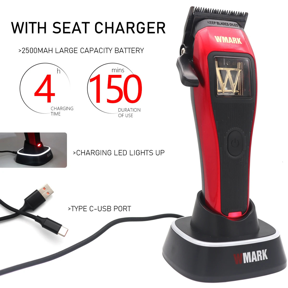 WMARK NG-X1 10000RPM Magnetic Vector Motor Professional Mens Hair Clipper DLC Blade with Seat Charger Hair Clipper 241028