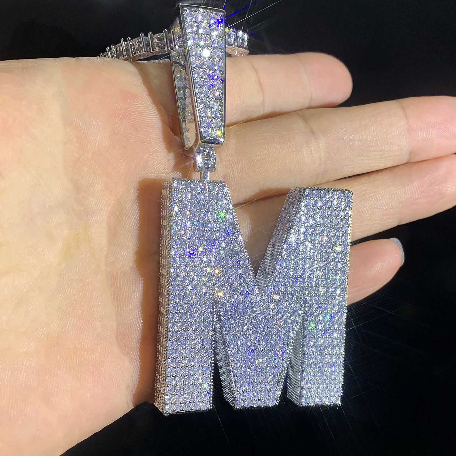 Hip Hop Block Font Custom A-Z Letters Pendant Necklace with Tennis Chain 5A Zircon Jewelry Set