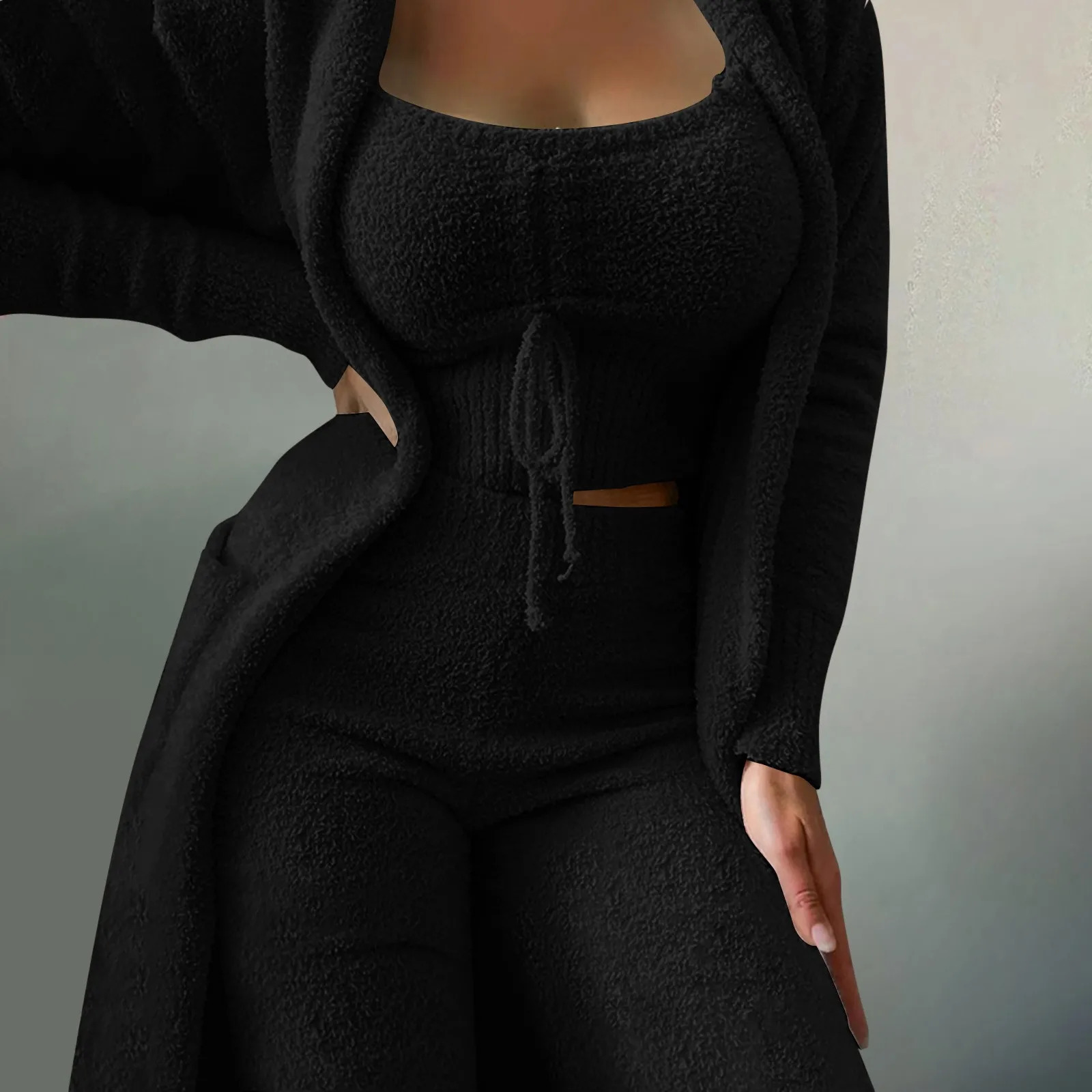 WomenS Fleece 3 Pc Teddy Loungewear Spaghetti Strap Crop Tank Wide Long Pants Fuzzy Kimono Cozy Sweatsuit Set Ladies Pants Suit 241028