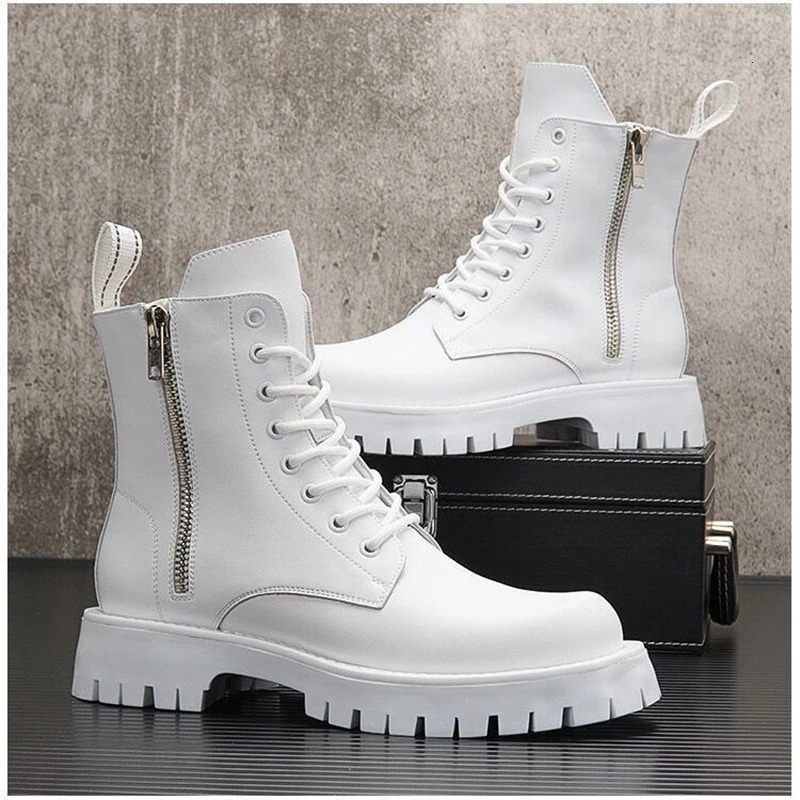 White Men Casual boots Punk High Tops Motorcycle Ankle Boots Height Increasing shoes Zapatillas Hombre 241028