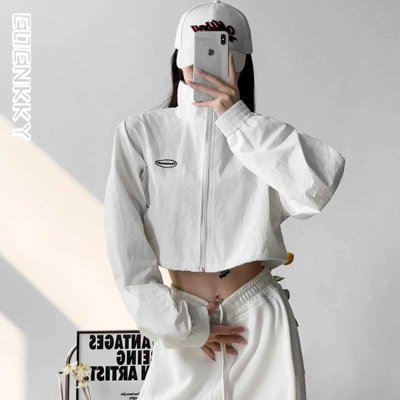 Women's Jackets Cropped Track Jacket Womens Retro Zipper Windproof Underwear Y2k Korean Fashion Gorpcore Girls White Black Short Coat Y241029KMT4