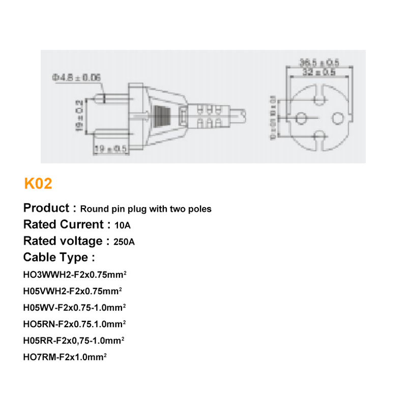 Indonesia 2 prong power cord plug with Indonesian mains cable SNI certificate 16A 250V