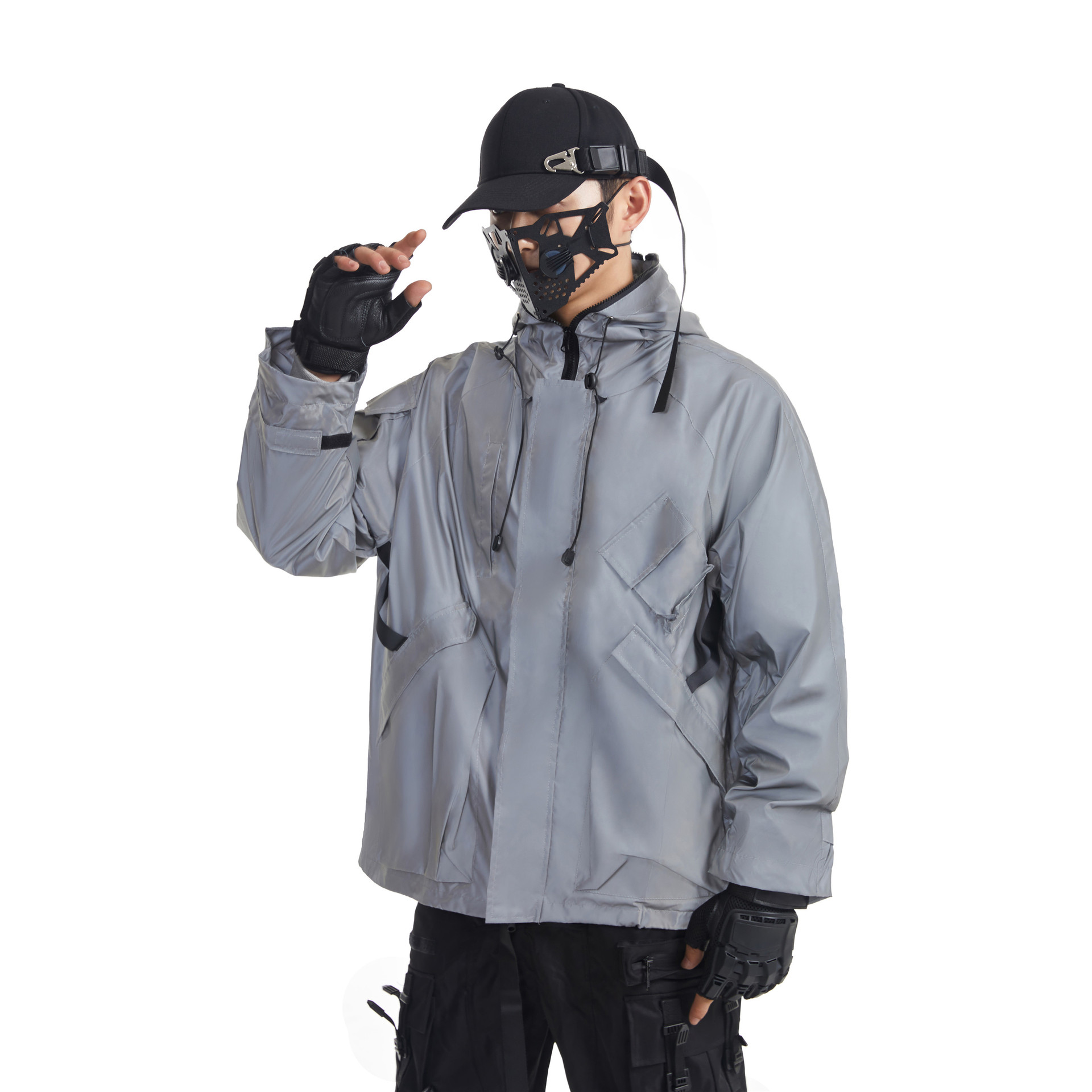 Men's Jackets Multi pocket functional style colorful reflective jacket, European and American autumn and winter new style hooded jacket, men'