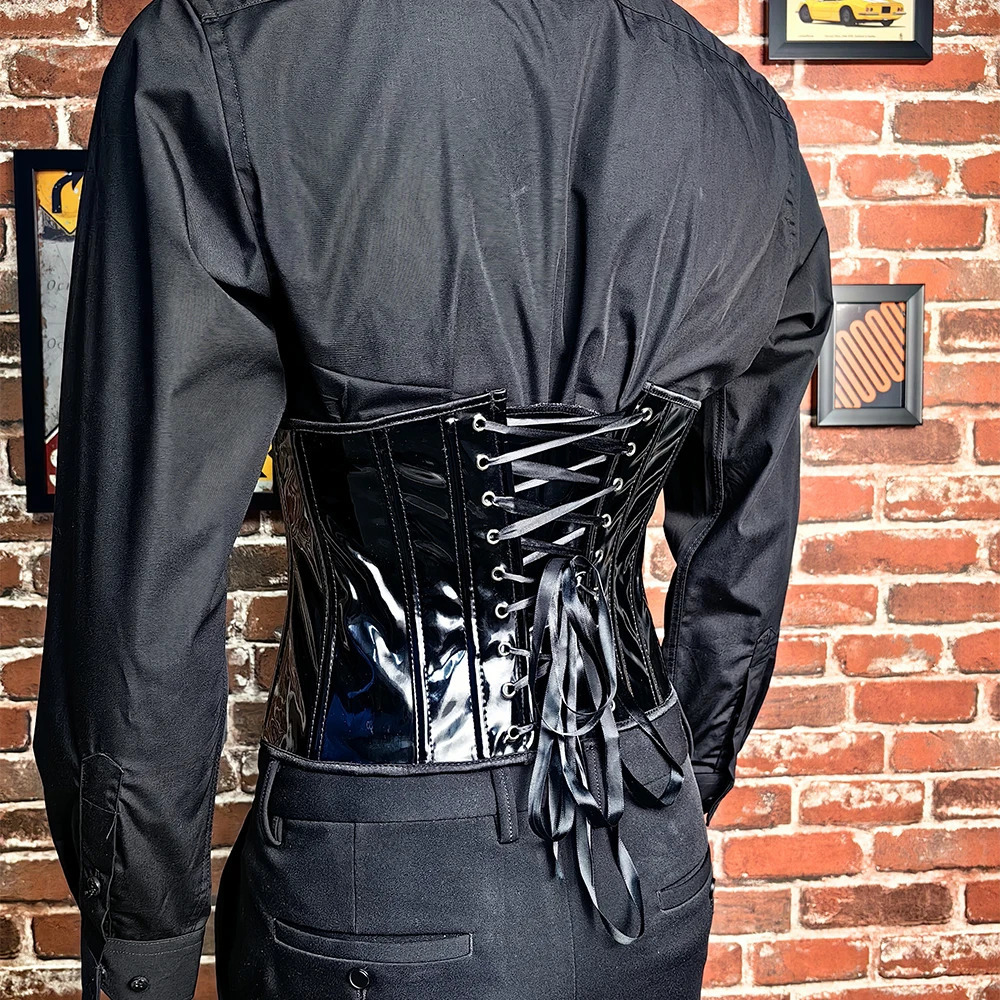 Mens tight corset tight top waist trainer abdominal control lace upper bone retro shiny PU leather body shaping 241029