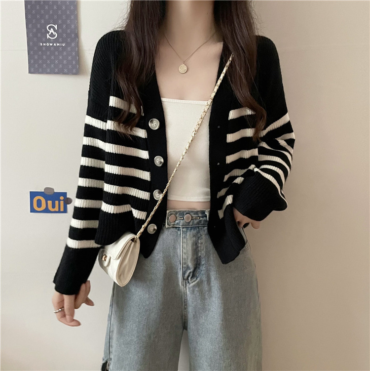 Korean Version Short Sweater Jacket Women S Autumn And Winter New College Style Ins Trendy Shoulder V Neck Contrasting Striped Knitted Cardigan F1029#
