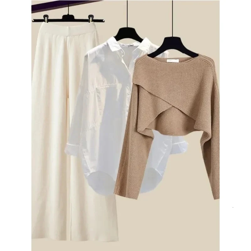 Winter 3 Piece Sets Womens Outfit Office Ladies Elegant Irregular Knitted Sweater Shirt Wide Leg Pants Set Women Clothing N434 241028