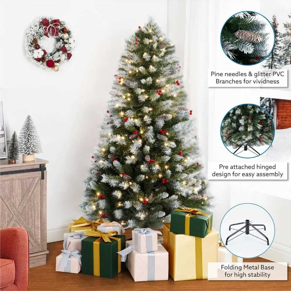 Matte Prelit artificial Christmas tree with pine cones artificial berries foot pedals 1346 branch tips 550 warm lights W241029