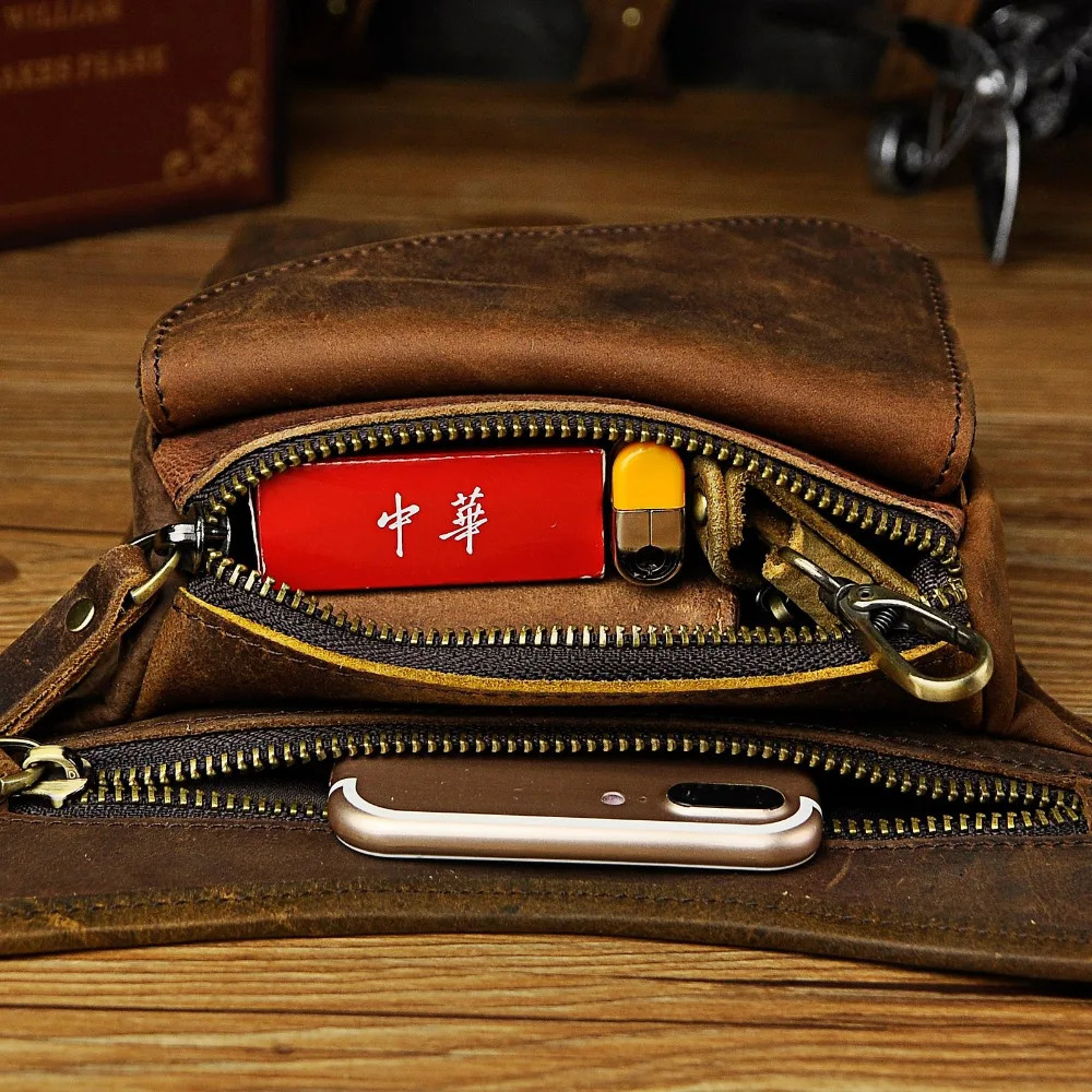 Quality Leather Men Casual Brown Classic Shoulder Sling Bag Multi-function Fashion Travel Waist Belt Pack Leg Bag 211-3 241028