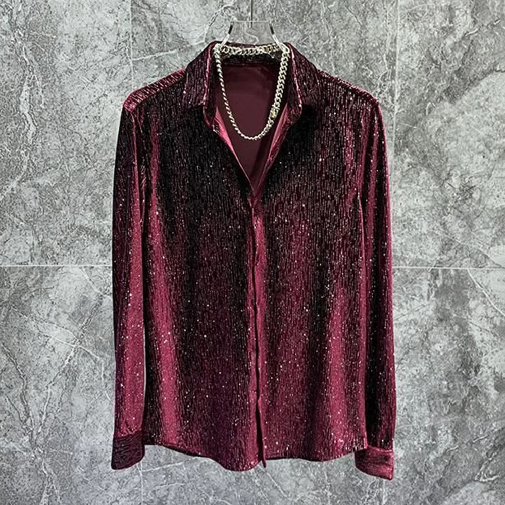 Mens gold velvet shiny long sleeved casual shirt autumn unisex fashion youth personality slim nightclub performance top-level unisex style 241028