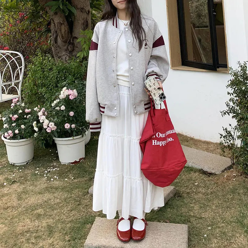 Fashion Cherry Embroidered Jacket Womens Clothing American Retro Baseball Collar Spring Autumn Loose Casual Street Clothing Jacket 241029