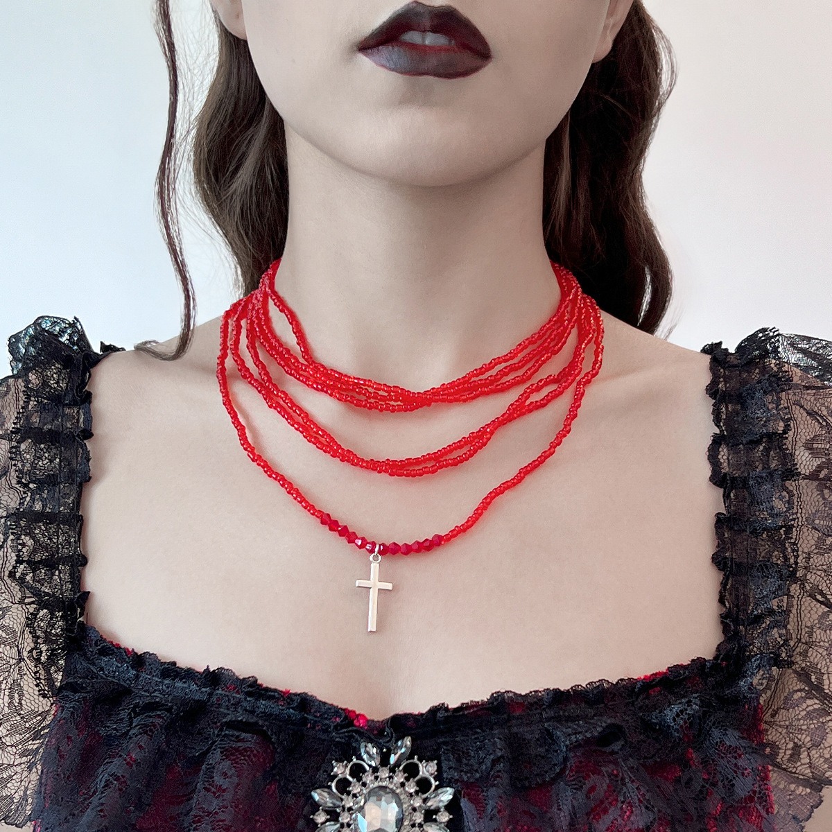 European and American Cross-border Jewelry Fashion 2-piece Set with Rice Beads Collarbone Chain High-end Red Multi-layer Integrated Necklace for Women