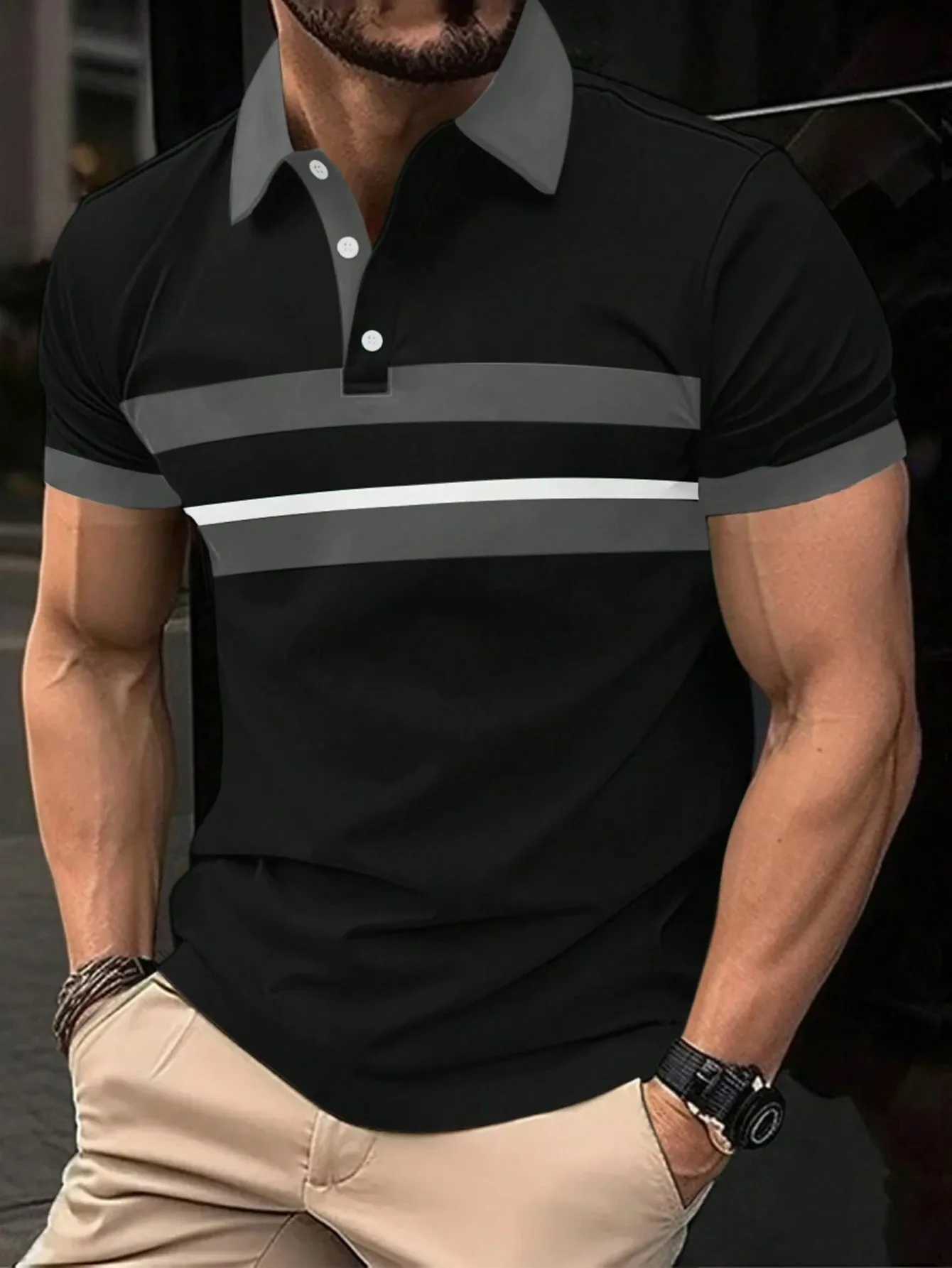 Summer Mens Polo Shirt Button Collar Short Sleeve Pullover Casual Sports Solid Color Striped Lapel Trend Mens T Shirt TopsX241028