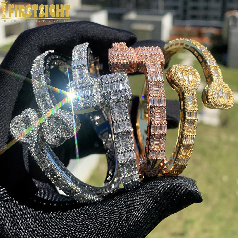 2024 Iced Out Bling Opened Heart Zircon Charm Bracelet Rectangle CZ Hearts Bangle For Men Women Hiphop Jewelry 241028