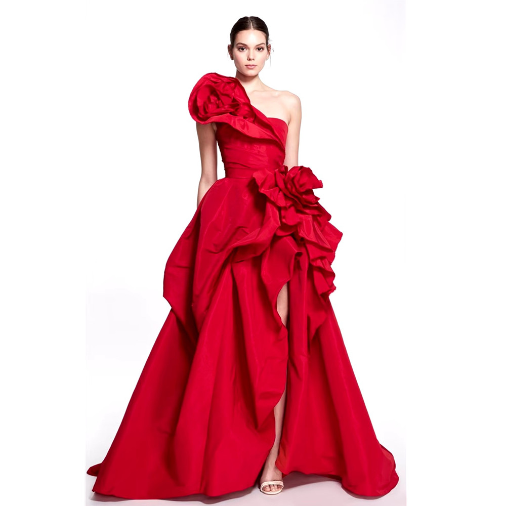 Customized Red Satin Prom Gown A-line 3D Big Flower Evening Formal Elegant Floor-Length One Shoulder Party Dresses 2024