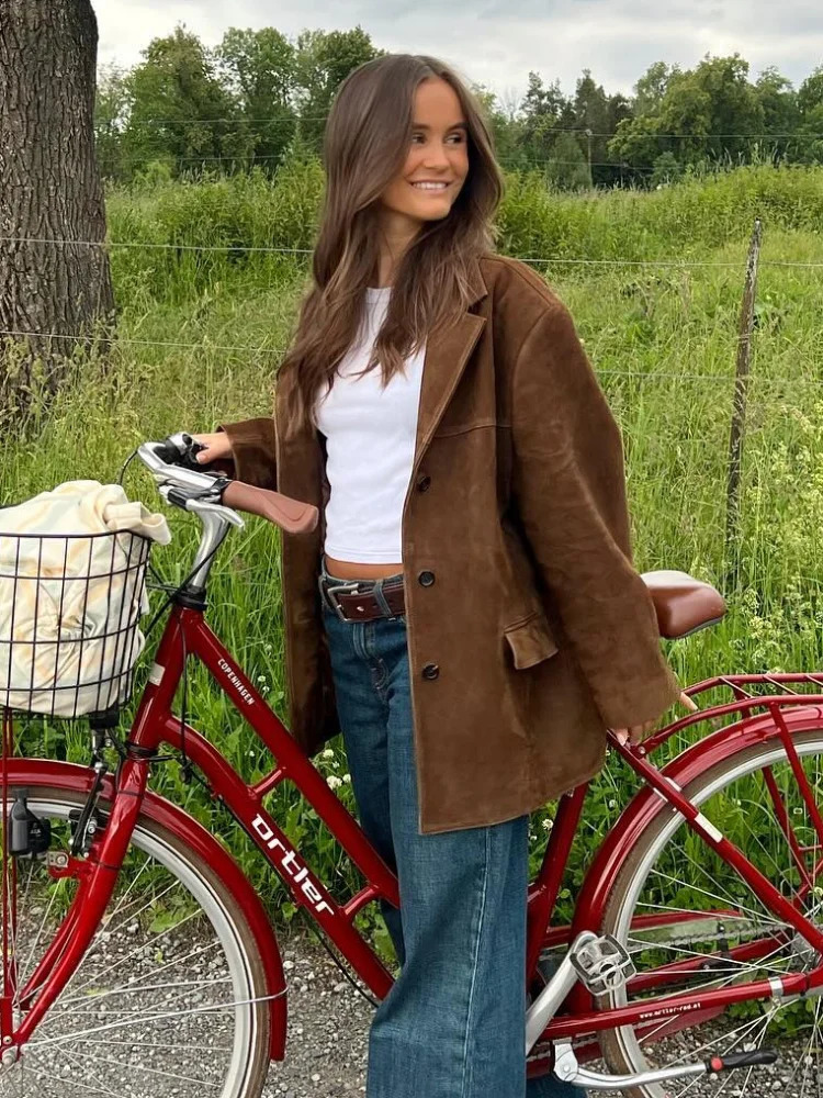 Retro brown suede leather jacket for women fashionable lapel single chest pocket crop jacket womens autumn jacket 241025