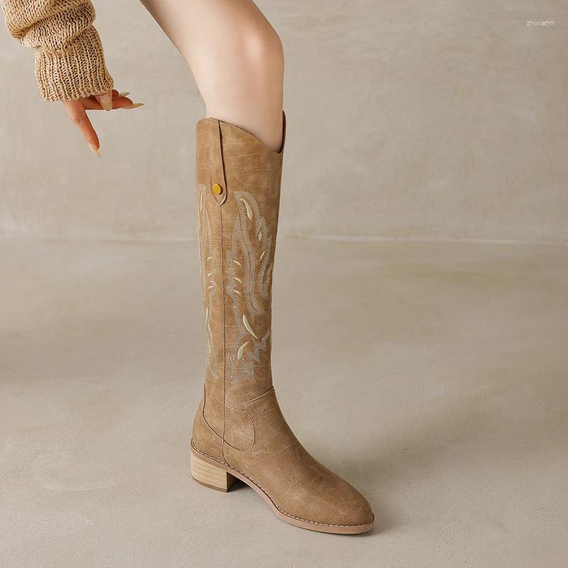 Boots Women Knee-High Autumn Winter Shoes Split Leather Round Toe Western Embroider Chunky Heels For