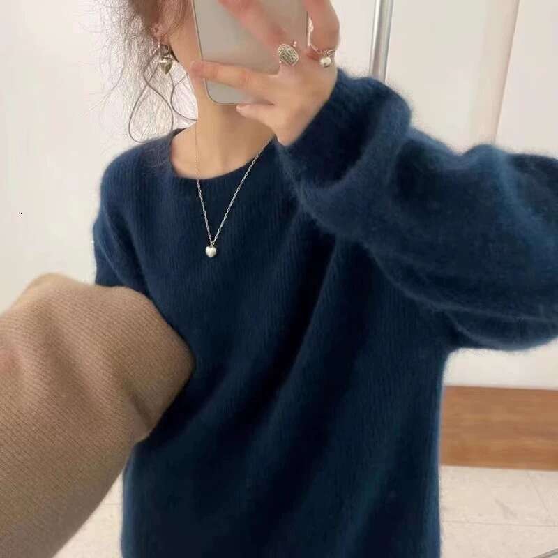 Autumn Winter Europe United States Fan100% Cashmere Women's Crewneck Thick Bottom Loose Pullover Knitted Sweater