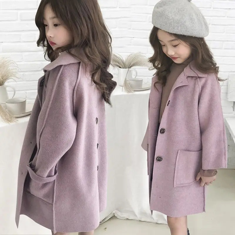 Spring and Autumn Girls Solid Color Fashion Versatile Windproof Warm Polo Collar Woolen Long Coat for 4-10 Years 241028
