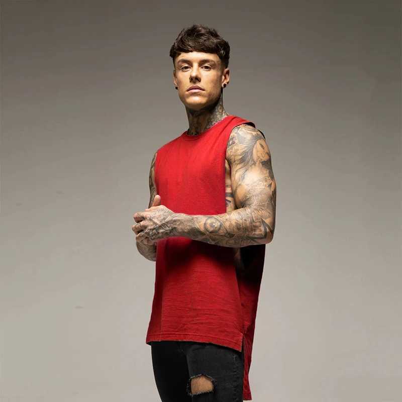 Mens Casual Fashion Tank Top Gym Workout Cotton Slveless Shirt Summer Clothing Male Extend Long Singlet Hip Hop VestC241029