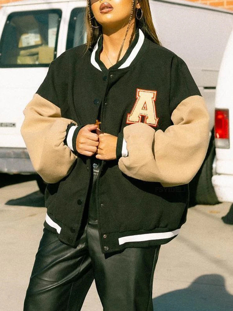 womens clothing fashion casual patch work button crop bomber school team jacket womens winter baseball jacket 241029