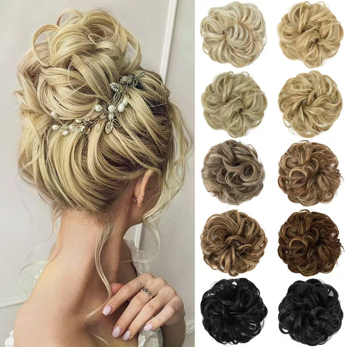 Large Thick Messy Bun Hair Piece,Hair Scrunchies Tousled Wavy Curly Synthetic Chignon Ponytail Hair Extensions for Women with Scrunchies Natural Color