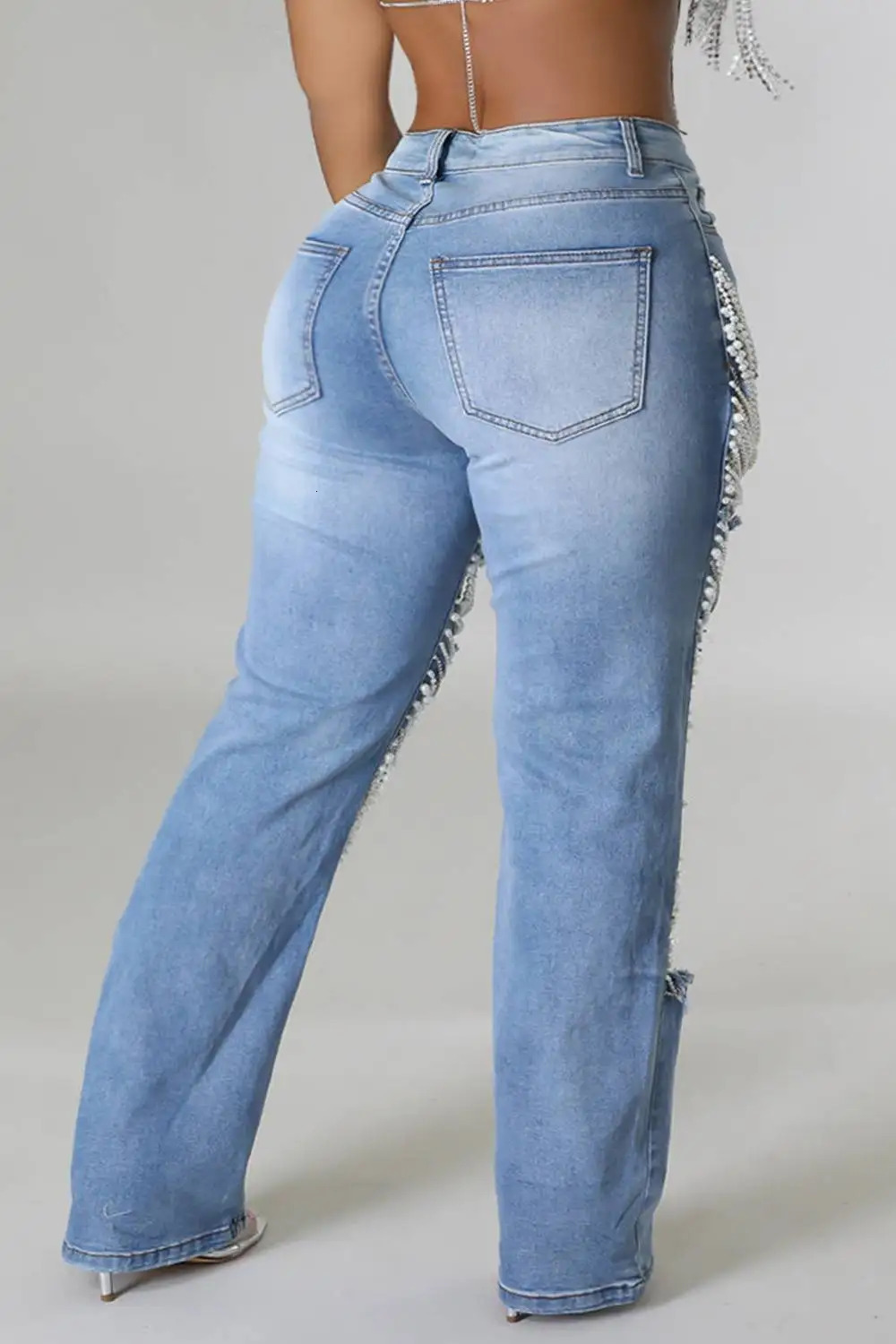 Women Plus Size Pearls Jeans Casual Vintage Cutout High Waist Y2K Streetwear Pearls Denim Jeans Pockets Slim Denim Trousers 241028