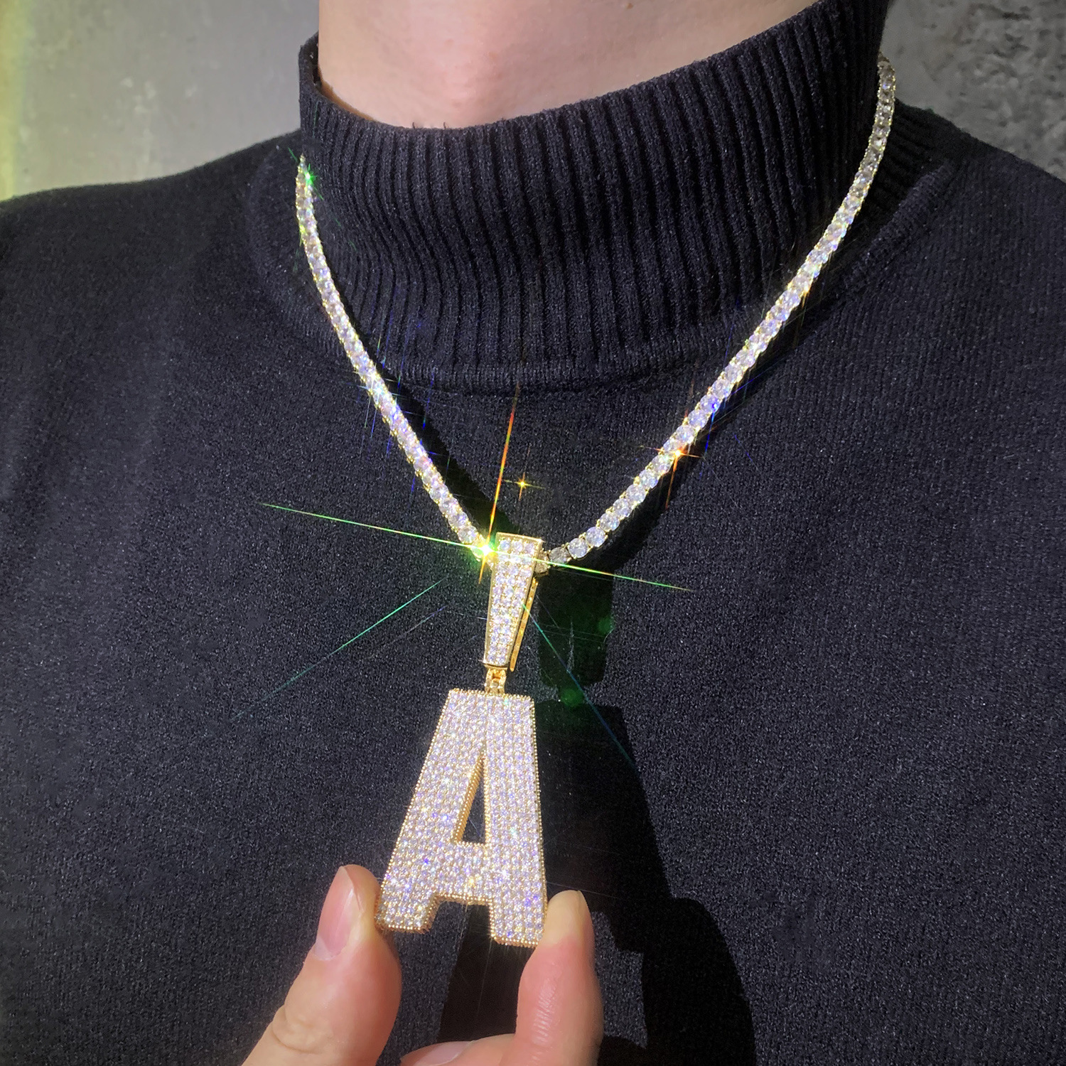 Hip Hop Block Font Custom A-Z Letters Pendant Necklace with Tennis Chain 5A Zircon Jewelry Set