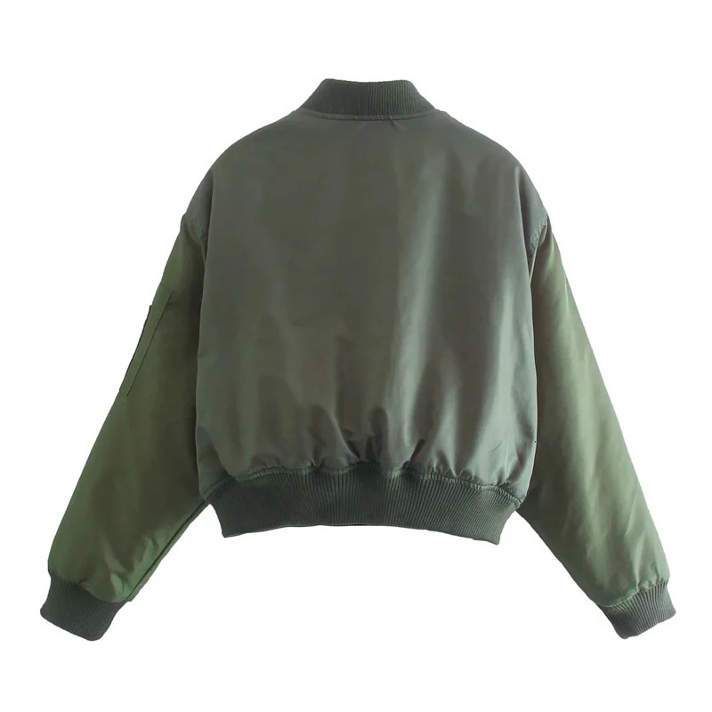 Women Contrast Pockets And Sleeves Bomber Jacket Padded In Khaki Green 241028