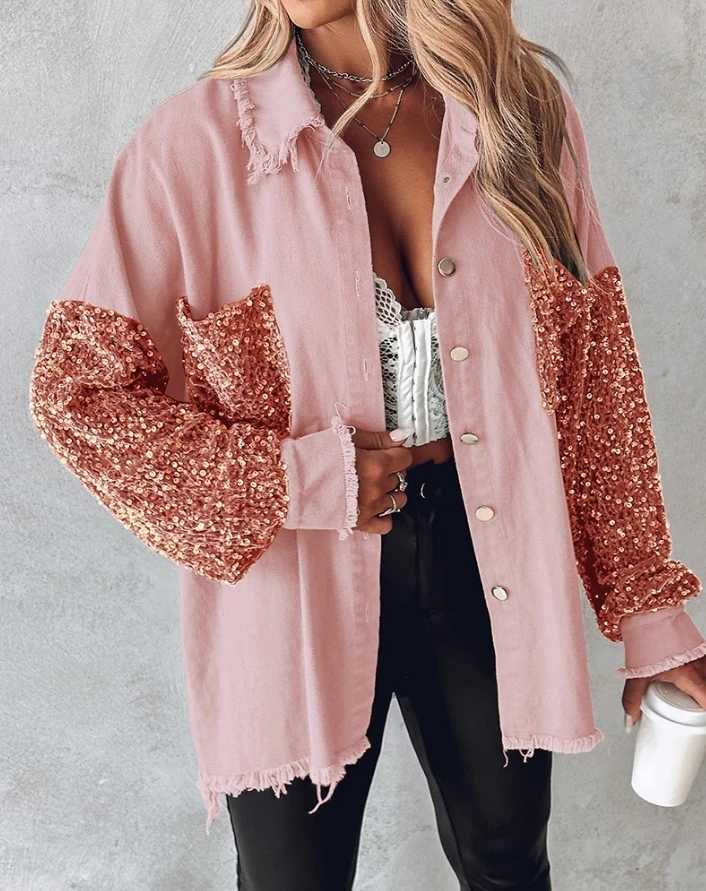Women's Jackets Womens Contrast sequin raw hem shaver casual clothing new autumn color lock womens fashionable warm long Sleve loose jacket Y2410