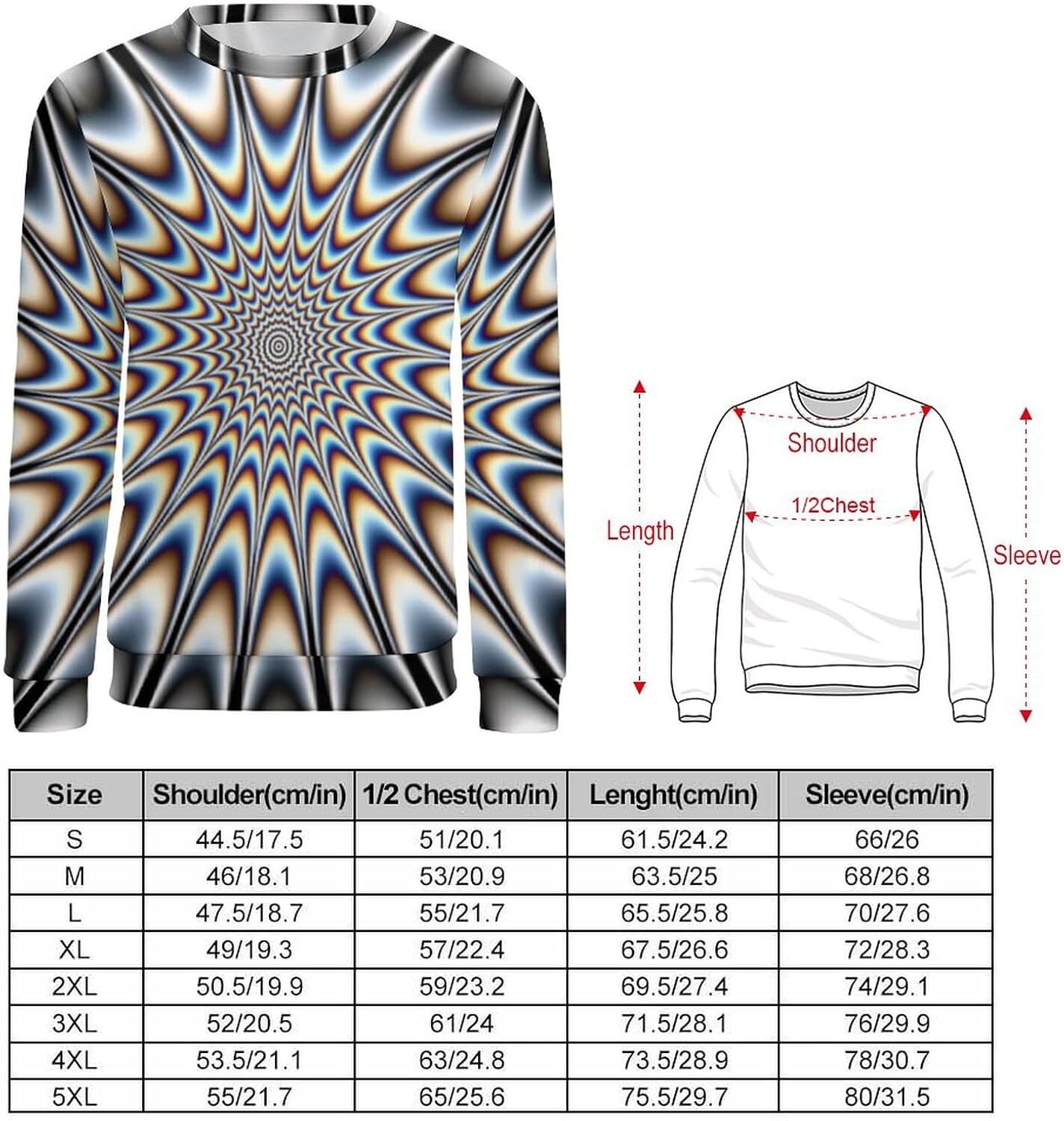Long Sleeve Shirts for Men sweatshirt Optical Illusion Trippy Sweatshirt Focus Drawing Psychedelic Long Sleeve Pullover for Men's
