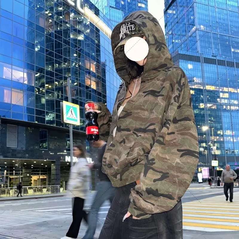 Y2K Harajuku Retro Camouflage Zipper Hoodie Hip-hop Punk Trend Streetwear Jacket Women Fashion Casual Loose Sweatshirt 241028