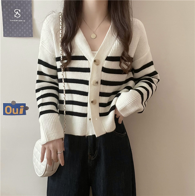 Korean Version Short Sweater Jacket Women S Autumn And Winter New College Style Ins Trendy Shoulder V Neck Contrasting Striped Knitted Cardigan F1029#