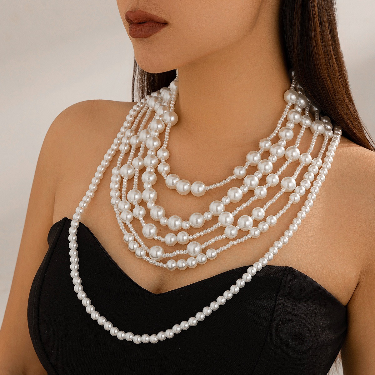 European and American Exaggerated Multi-layer Imitation Pearl Necklace Women's Dress Fashionable Bride's Small Fragrance Bead Necklaces Set