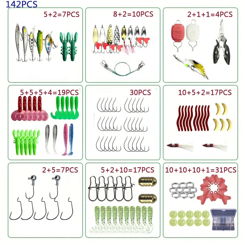 Fishing bait set 18/21/59/142 pieces Mixed VIB bait set Soft bait Minnow Popper hook Full fish accessories Fresh water 241029ww