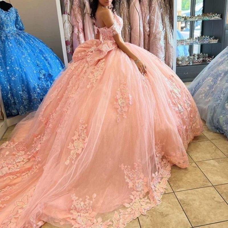 Shiny Pink Quinceanera Dresses Ball Gown Applique Beads Bow Tull Corset Party Birthday Lace Up Princess Sweet Dress Vestidos Anos D