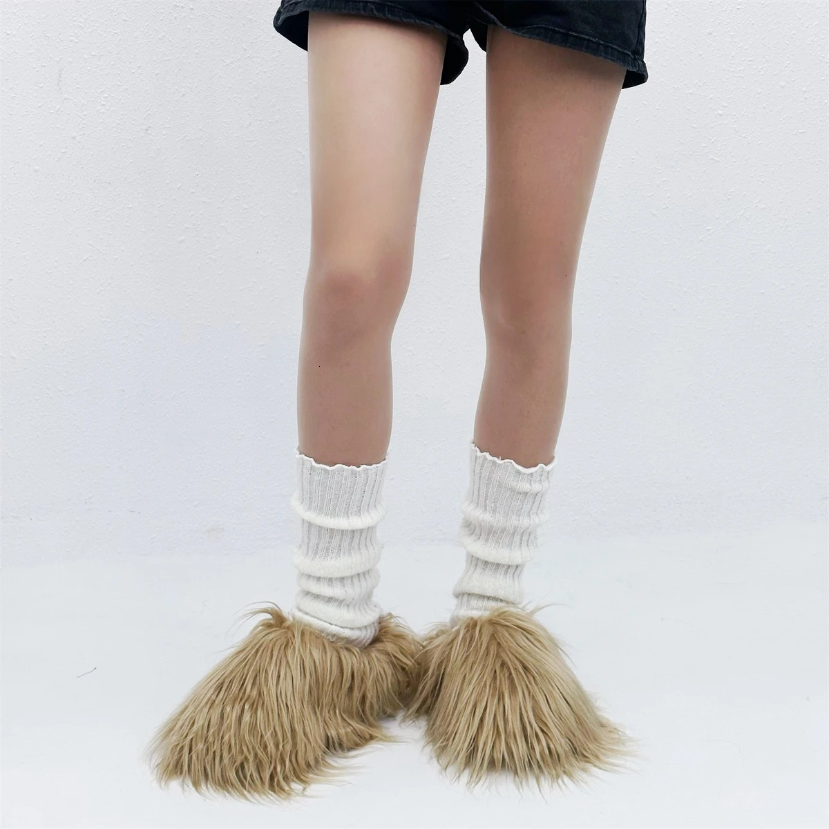 Fur Slippers Womens Round Toe Fur Slippers Womens Shoes Womens Thick Sole Half Slippers 241031
