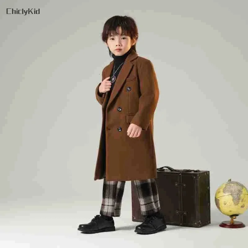Boys Autumn Winter Solid Fashion Double-breasted Long Woolen Coat Kids Windbreaker Jacket Children Outerwear Thick Overcoat 241028