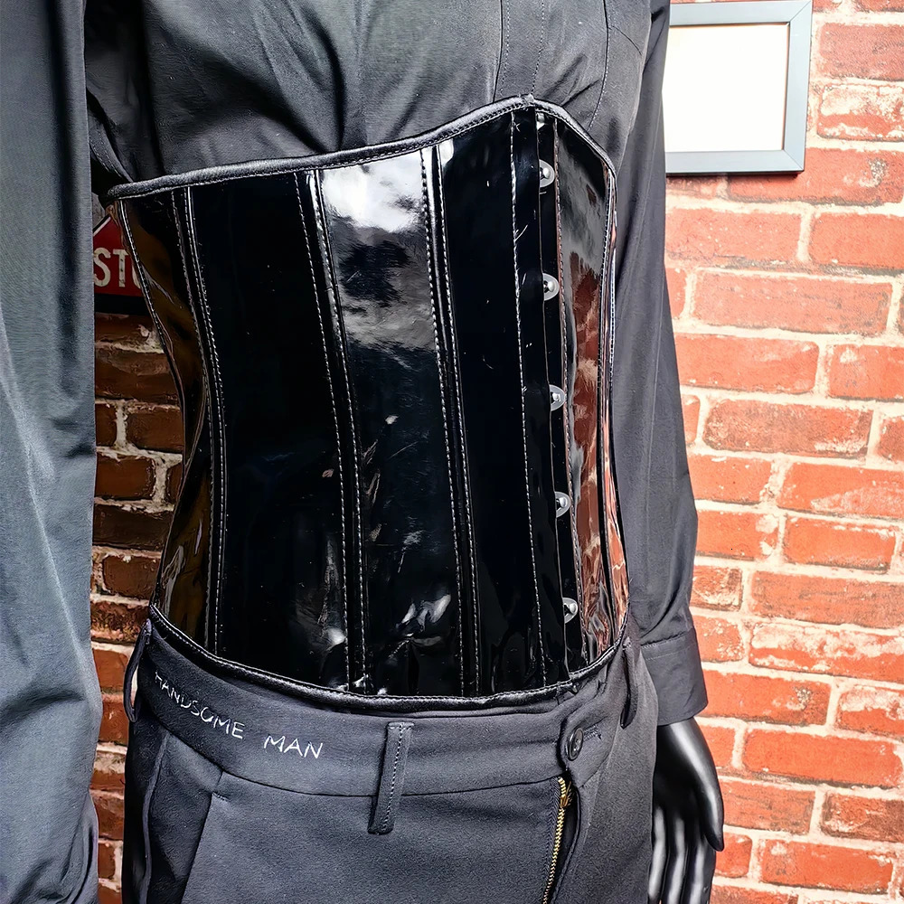 Mens tight corset tight top waist trainer abdominal control lace upper bone retro shiny PU leather body shaping 241029