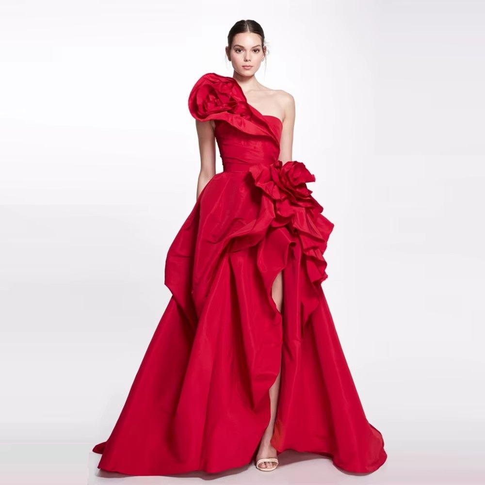 Customized Red Satin Prom Gown A-line 3D Big Flower Evening Formal Elegant Floor-Length One Shoulder Party Dresses 2024