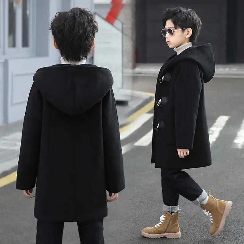 Boys Wool Blends Winter Coat Fashion Hooded Solid Single-Breasted Plus Cotton Warm Children Outerwear High Quality 241028