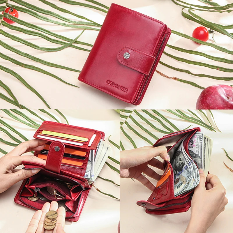 Women's RFID Genuine Leather Compact Coin Zipper Wallet, Red 241028 New Free Delivery Designer Bag