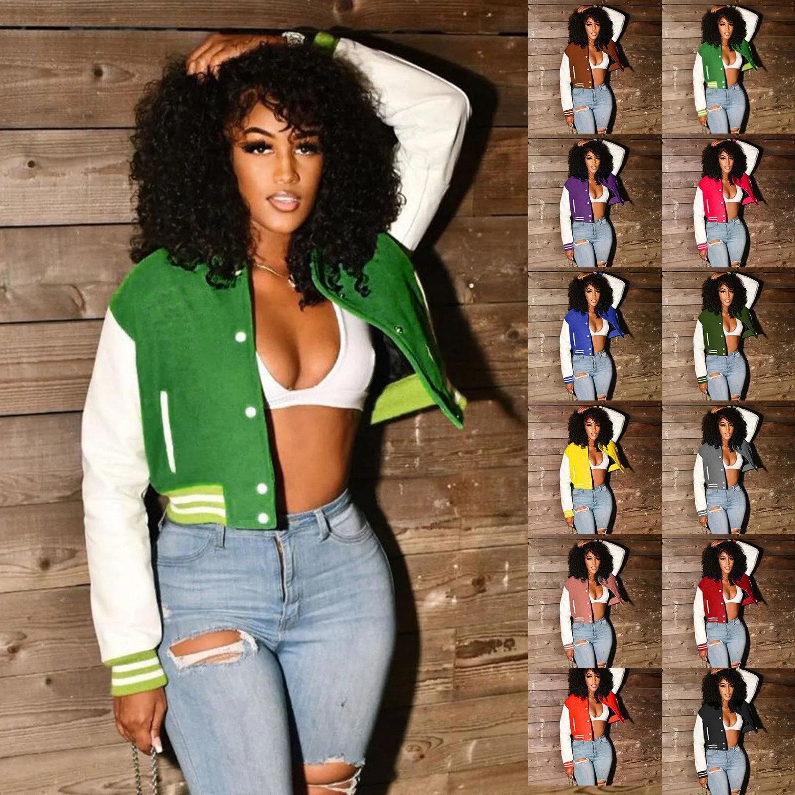 Fashion baseball jacket womens autumn casual patch work button long sleeved short sleeved jacket American retro winter jacket 241029