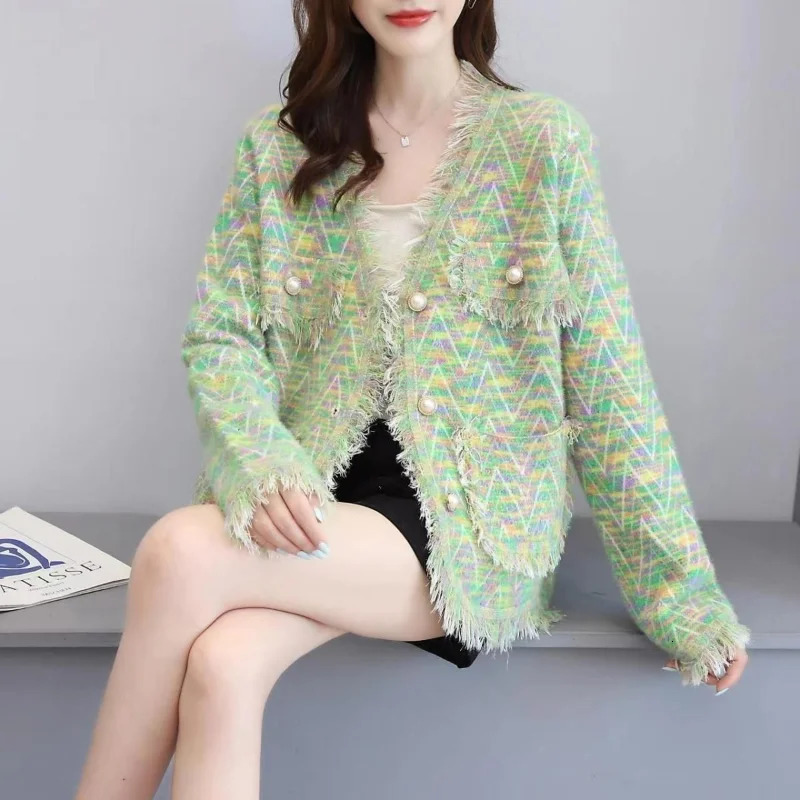 Contrast Color V-neck buttoned long sleeved pocket womens casual jacket casual loose elegant autumn jacket top 241029