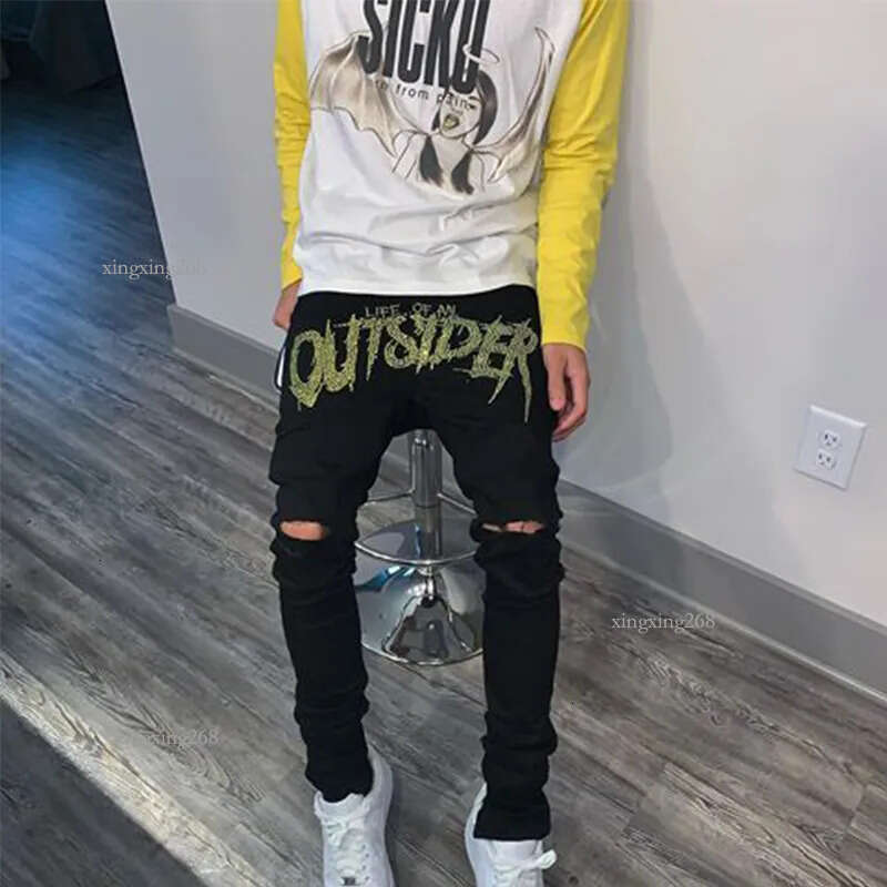 New Men Stretch Destroyed Hole Taped Slim Fit Black Jeans Biker Trousers Ripped Skinny Hot Drill Street Punk Denim Pencil Pants