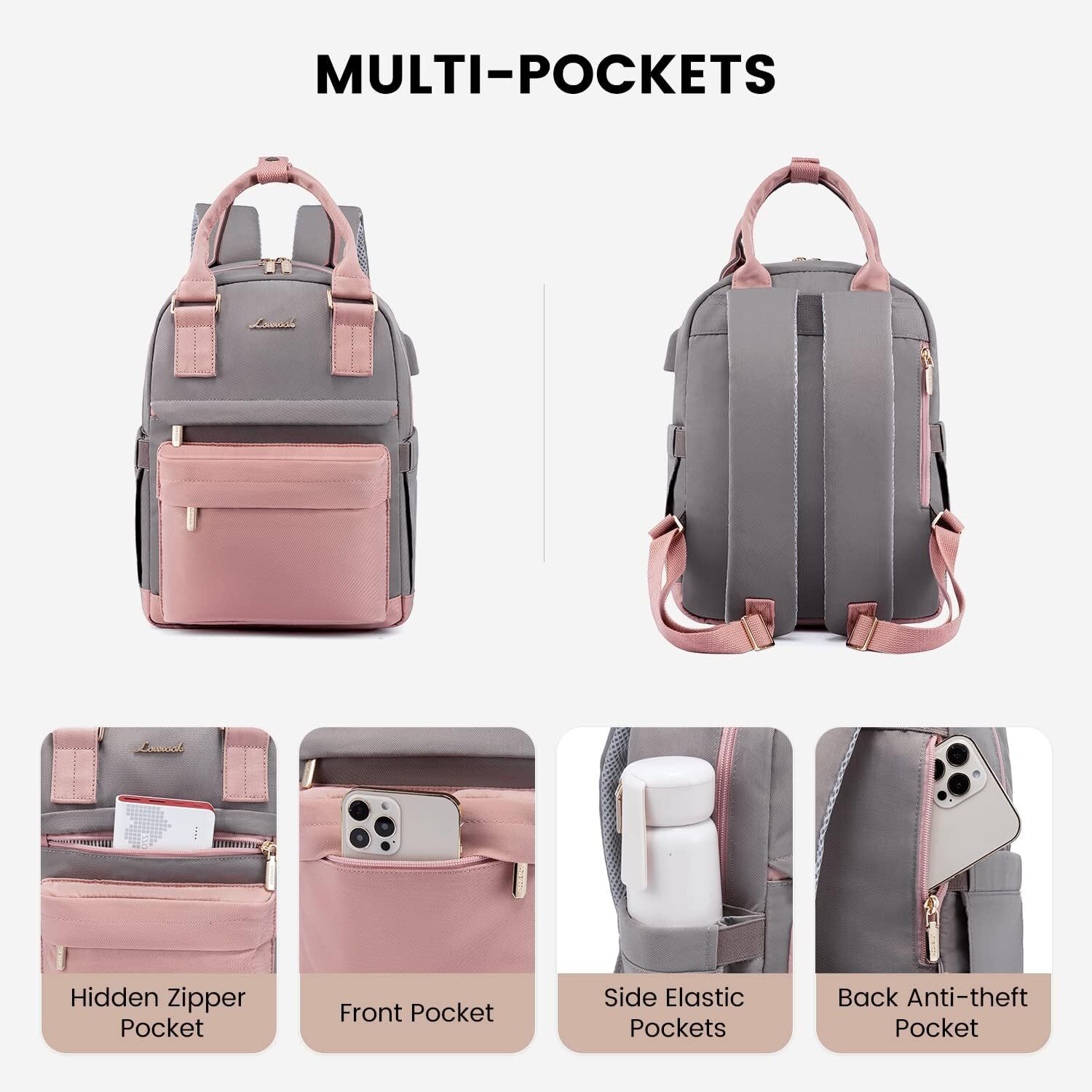 LOVEVOOK Women's Girls' Mini Fashion Waterproof Wallet with USB Port, Cute Suitable for School Travel Parties, Pink and Grey, Fashionable Ba